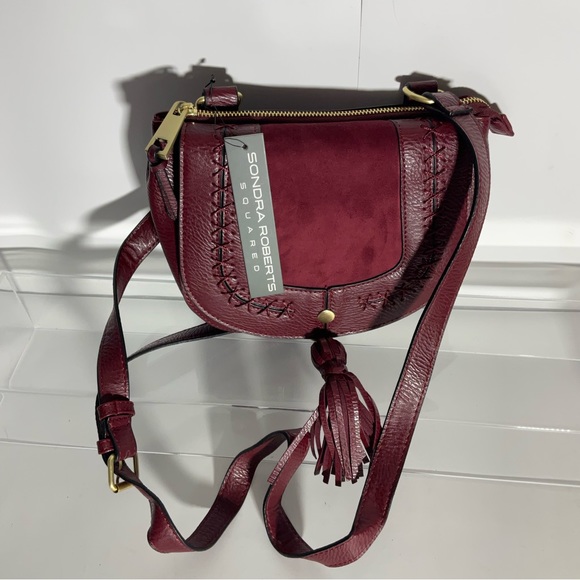 Sondra Roberts Squared Crossbody Saddle Bag Burgundy Suede Faux Leather Tassel - Picture 6 of 16